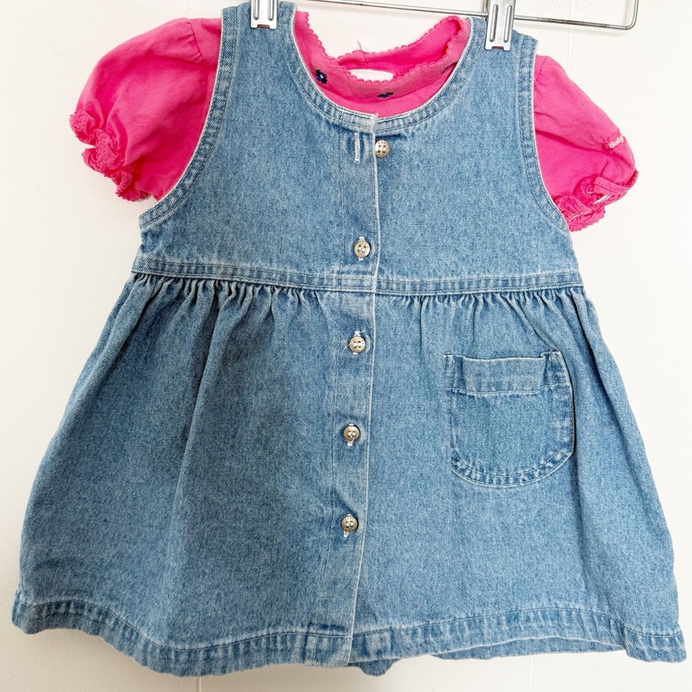 Vintage Oshkosh B’Gosh Baby Girls Button Up Denim Dress & Pink Top 24 Months‎